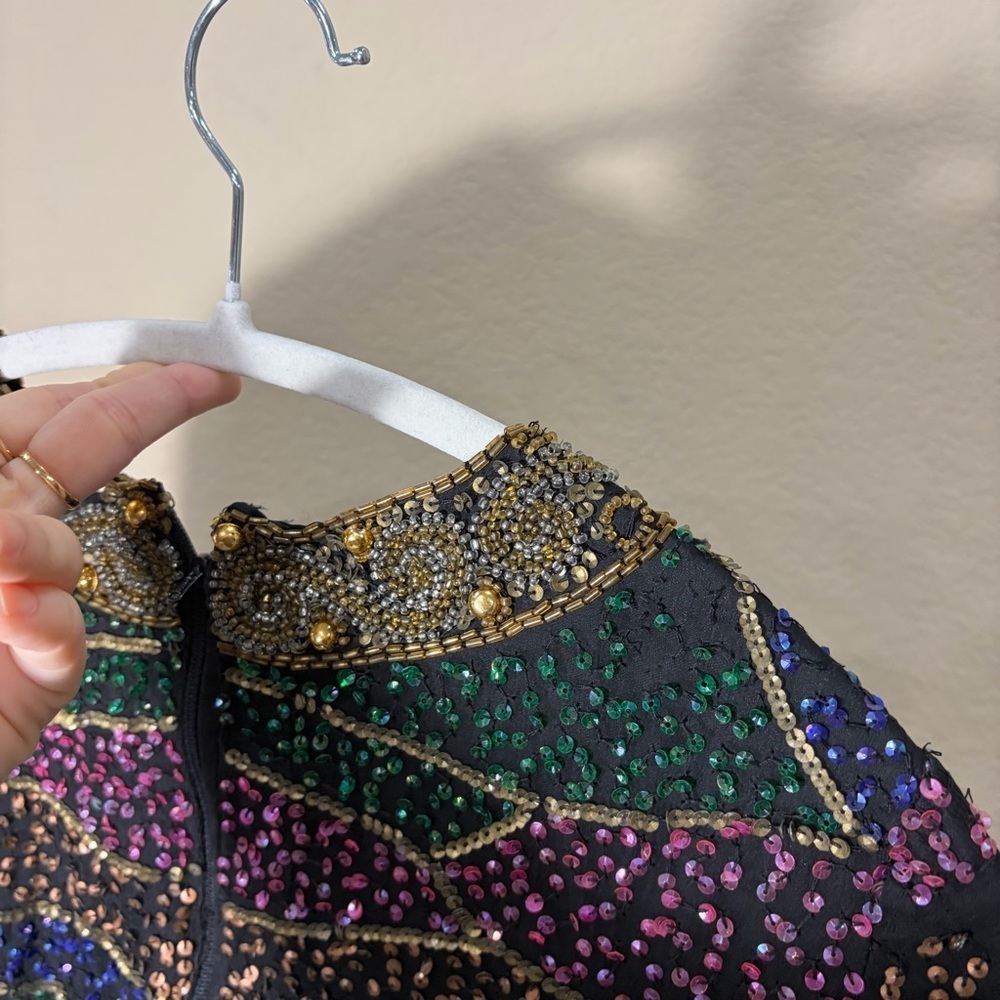 VTG sequined 1980s INDUS V silk beaded Multi Florals disco dress Party 15” PTP - Picture 6 of 16